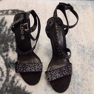 Aldo Black Strappy Rhinestone Heels Size 7.5